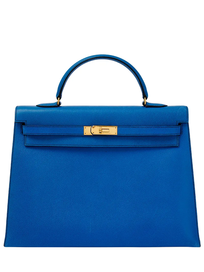 ШЕДЕВР! Роскошная синяя сумка в стиле Kelly — сафьяновая кожа, золотая фурнитура. Текстура кожи читается идеально. Премиальный уровень съёмки.