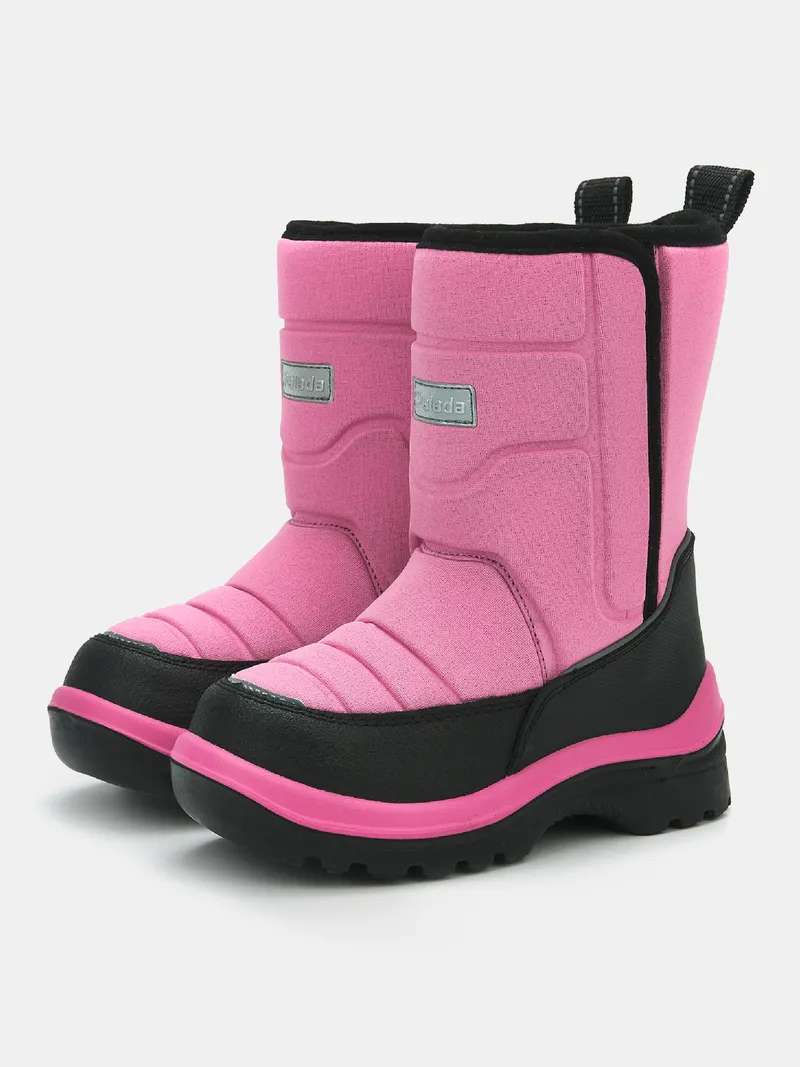 Платан детские дутики — розовые зимние сапожки с чёрной подошвой. Яркие, функциональные, для детского сегмента.