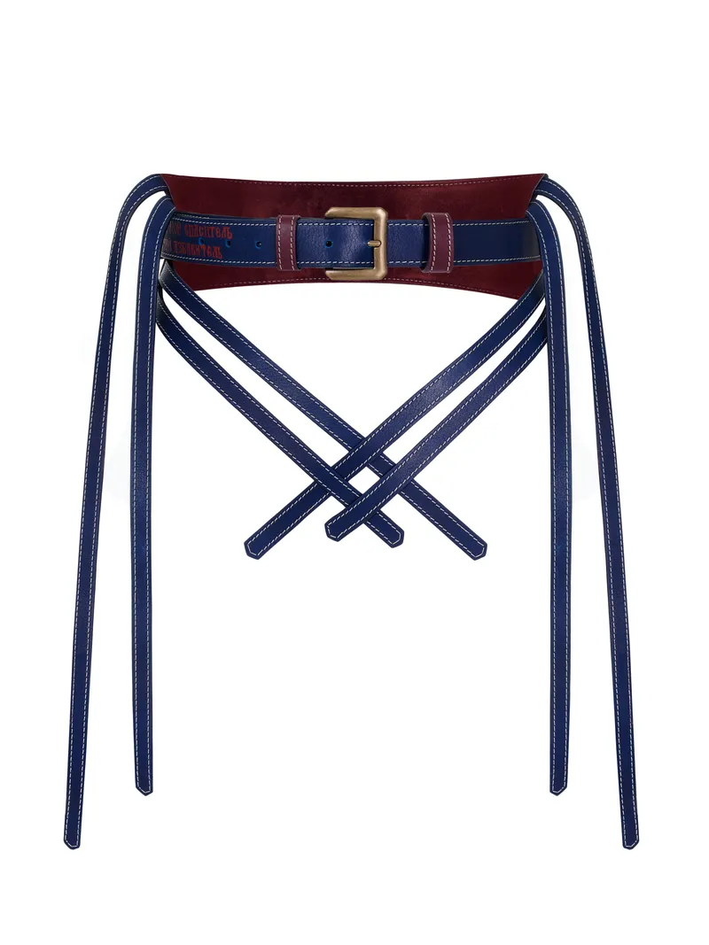 Navy blue designer belt burgundy lining brass buckle multiple hanging straps white stitching