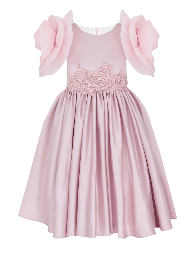 ШЕДЕВР! Роскошное детское платье UNONAD'ART — розовый атлас, рюши-розы на рукавах, бисерная цветочная вышивка на талии. Сказочное!