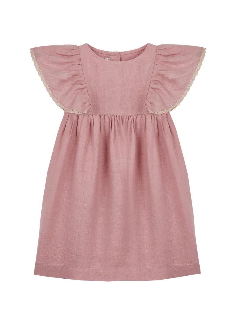 ШЕДЕВР! Пыльно-розовое льняное платье с рукавами-крылышками и кружевной отделкой. Текстура натурального льна читается идеально!