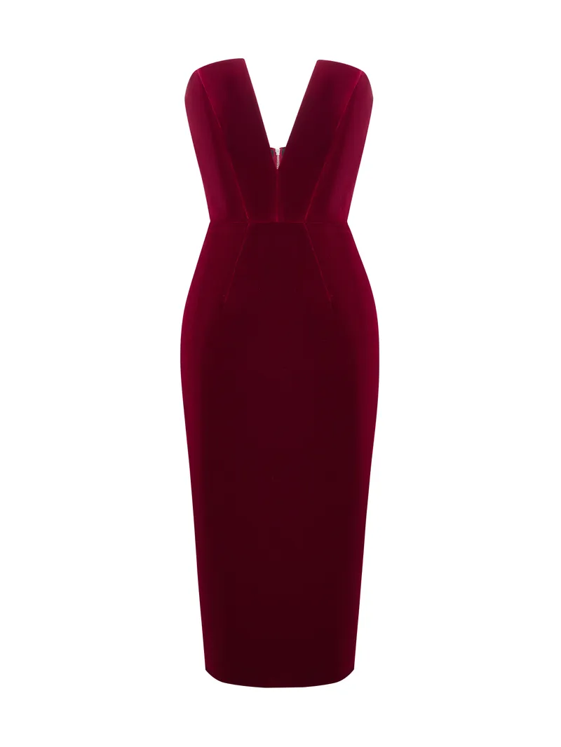 Deep burgundy velvet strapless cocktail dress with dramatic plunging V-neckline and structured bodice