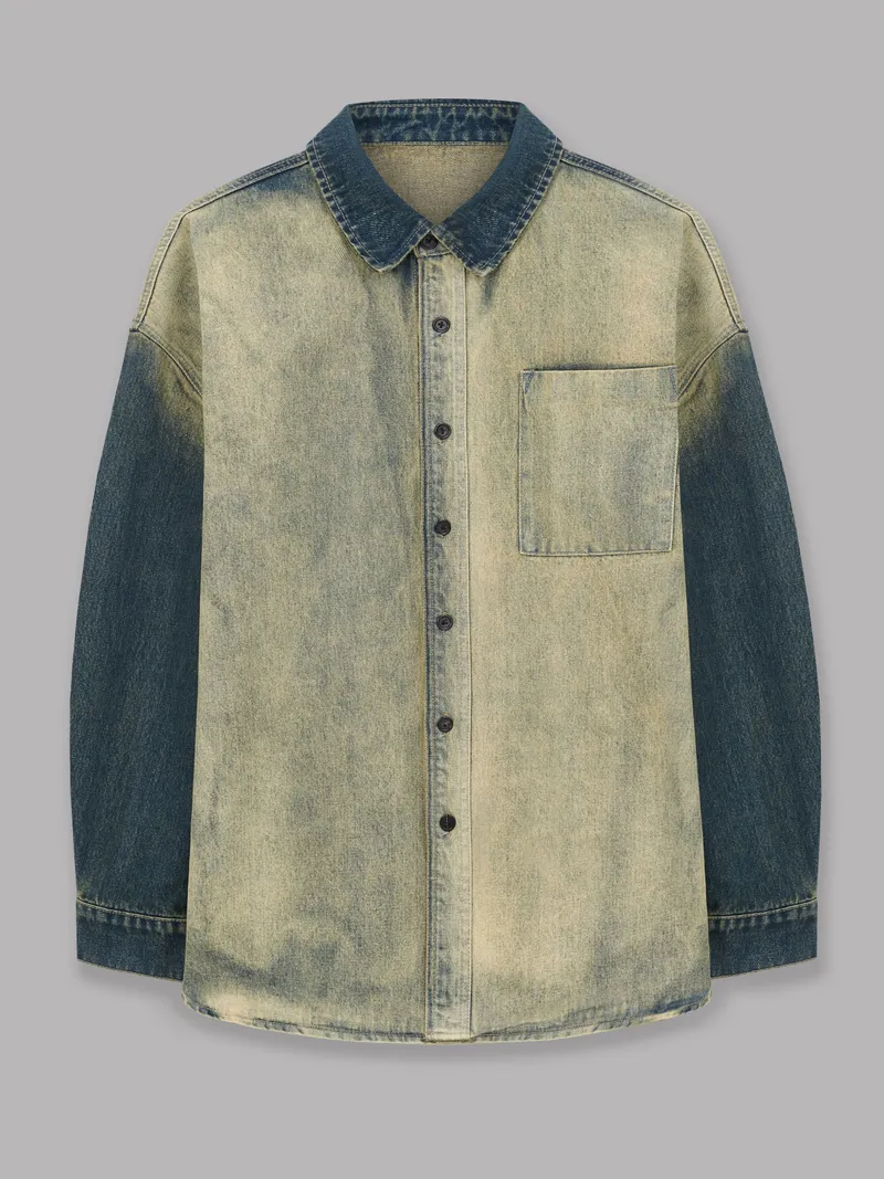 ШЕДЕВР! Джинсовая рубашка с эффектом варёного денима — контраст жёлтого тела и синих рукавов. Очень стильный винтажный вид. Текстура денима читается идеально!