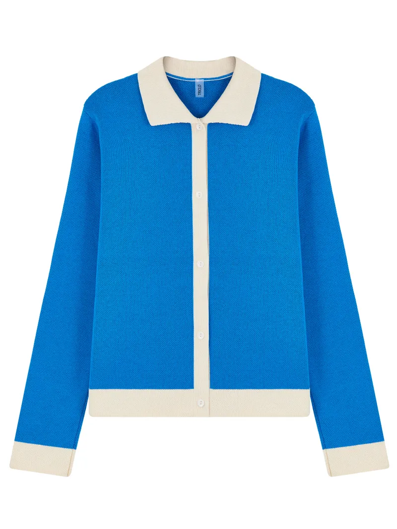 Синий кардиган-поло с кремовой отделкой. Ретро-стиль, отличная текстура!