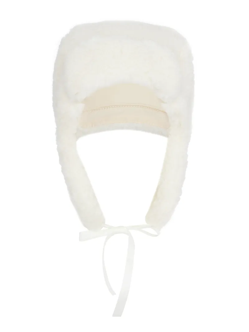 White shearling trapper hat with ribbon ties - Voishe brand, incredibly soft and cozy looking