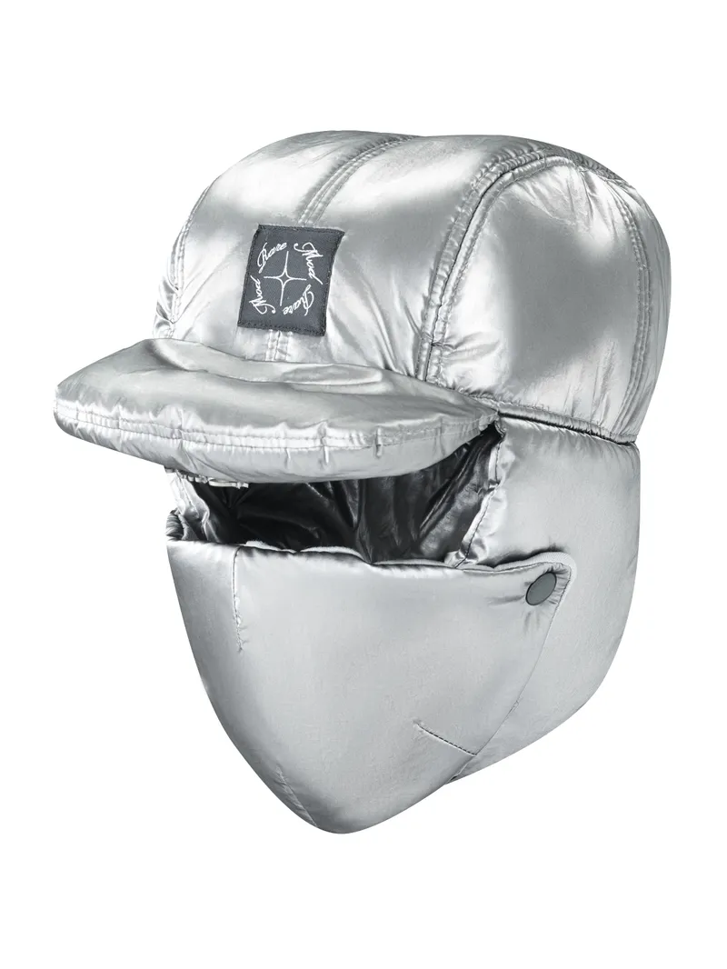 Silver metallic padded trapper hat with detachable face mask - futuristic winter style