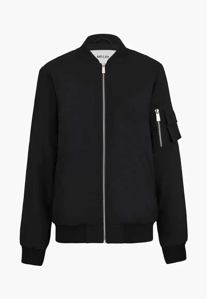 Black MA-1 style bomber jacket with silver zip and sleeve pocket - ghost mannequin