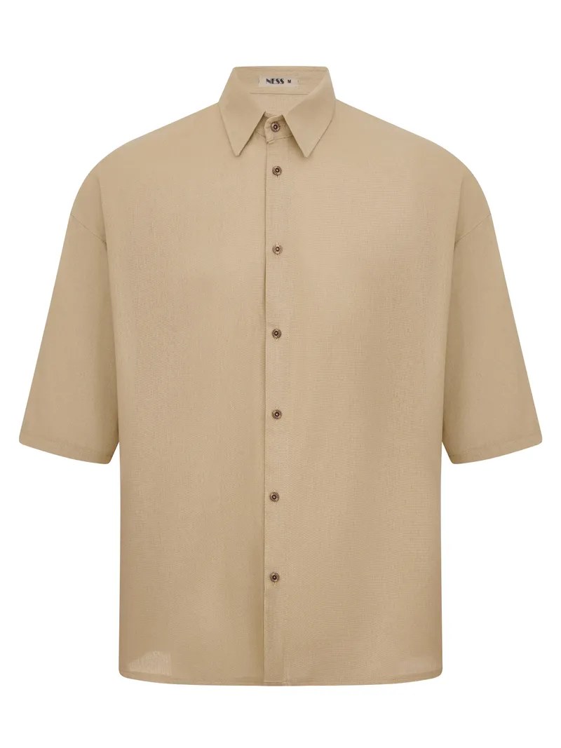 Бежевая рубашка Ness с коротким рукавом. Оверсайз силуэт.