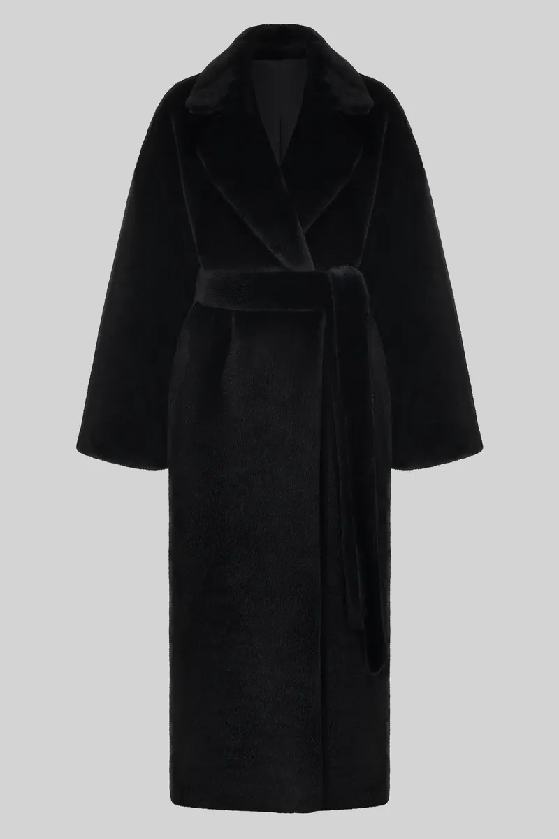 Luxurious black teddy coat with wrap belt - stunning plush texture visible, hero-worthy