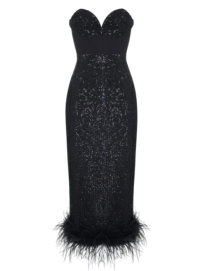 Роскошное чёрное платье Ester Abner: пайетки по всей длине, перья по подолу. Гламур в чистом виде!