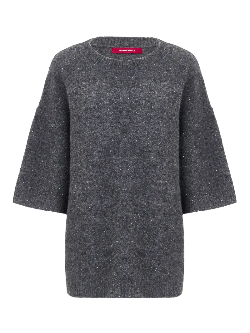 Серый твидовый свитер Fashion Rebels с коротким рукавом. Меланжевая текстура видна идеально.