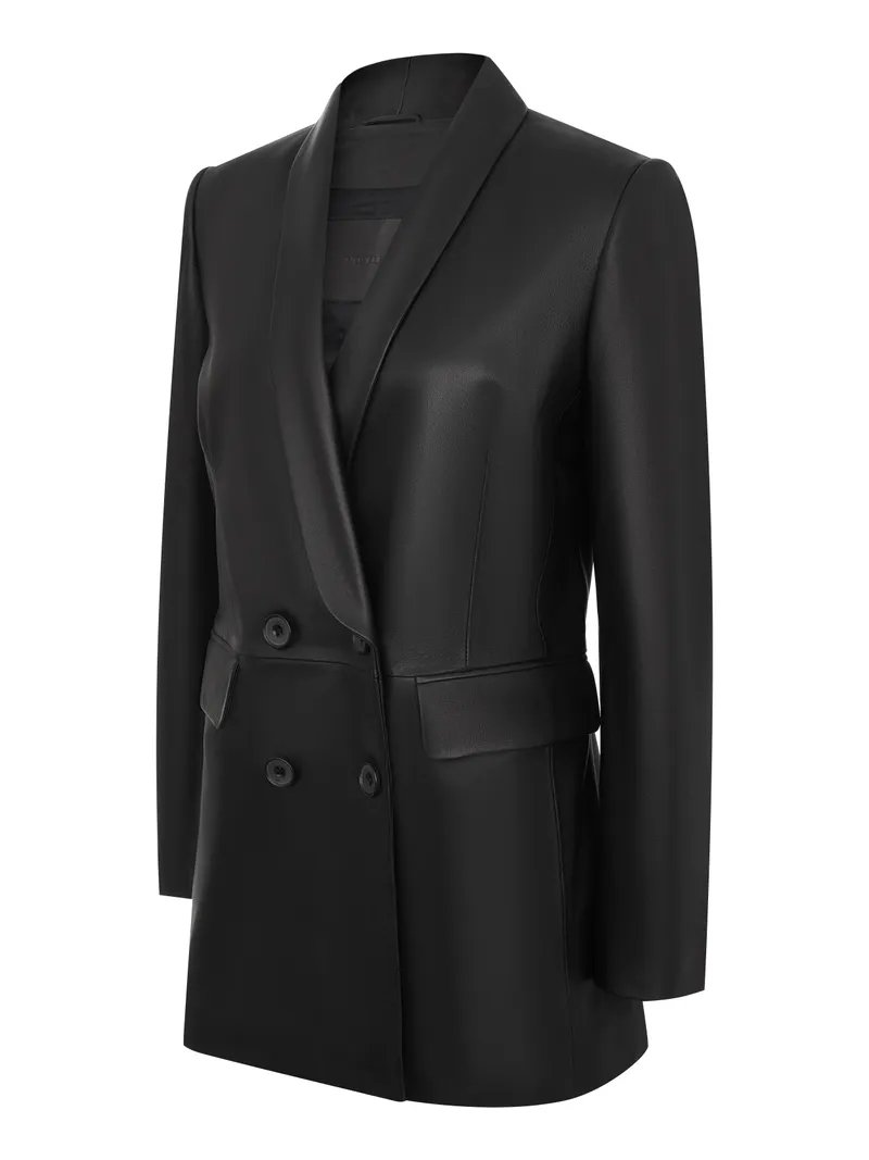 ШЕДЕВР! Чёрный кожаный двубортный блейзер на ghost mannequin. Идеальная текстура кожи, безупречный силуэт!