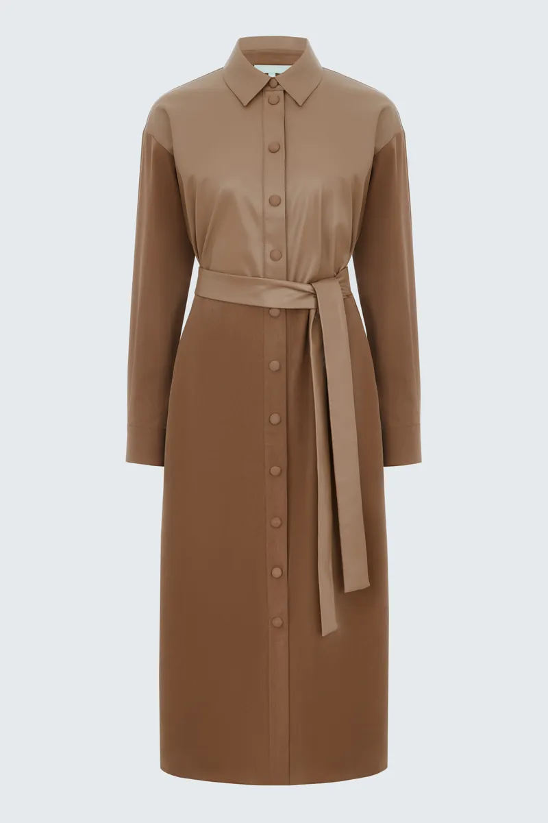 ШЕДЕВР! Платье-рубашка Ахмадуллина - кожаный верх + шерстяная юбка с поясом. Дизайнерская комбинация текстур!