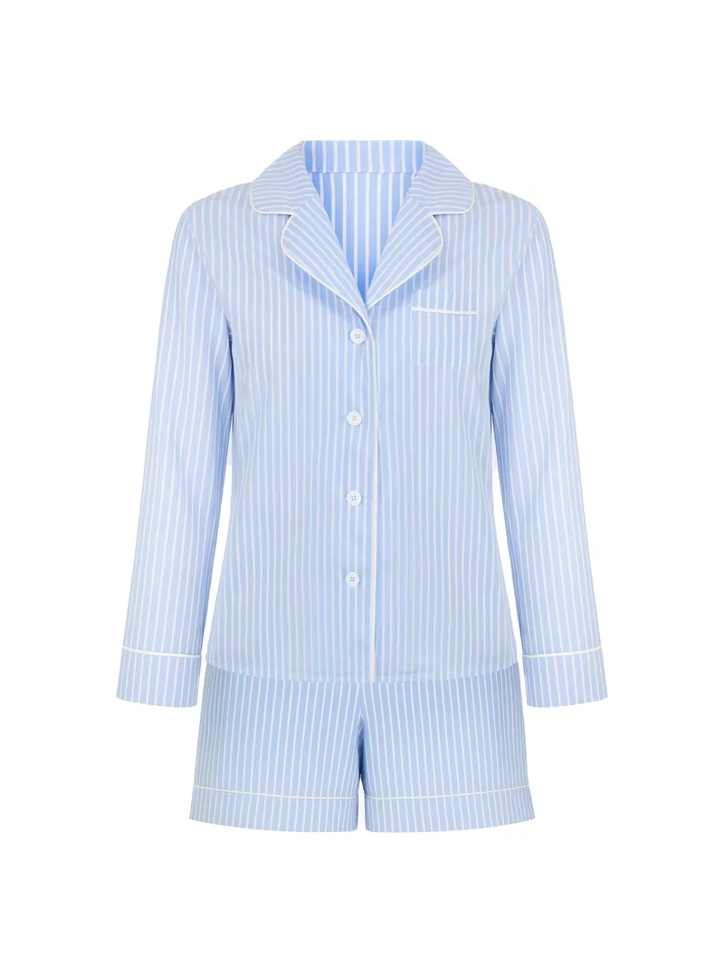 Элегантный пижамный комплект Julia в голубую полоску. Склейка рубашка + шорты.