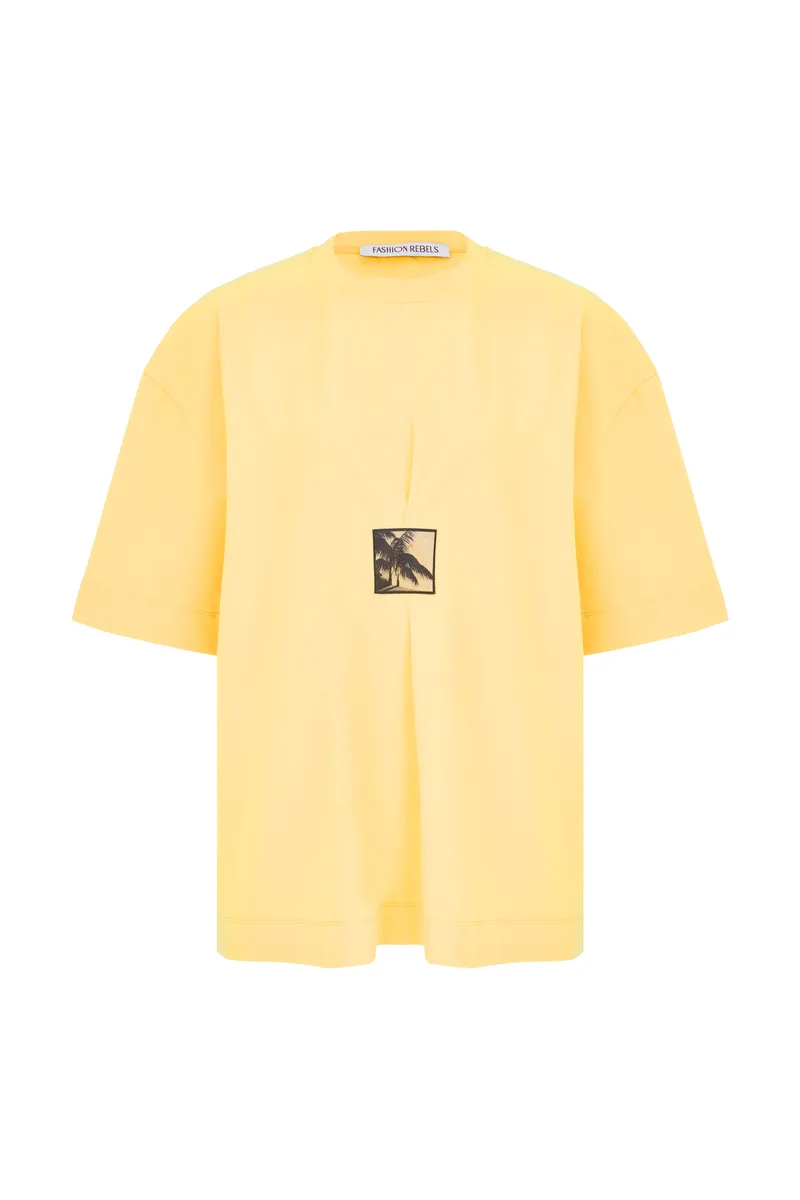 Яркая жёлтая футболка с принтом пальмы, летний streetwear