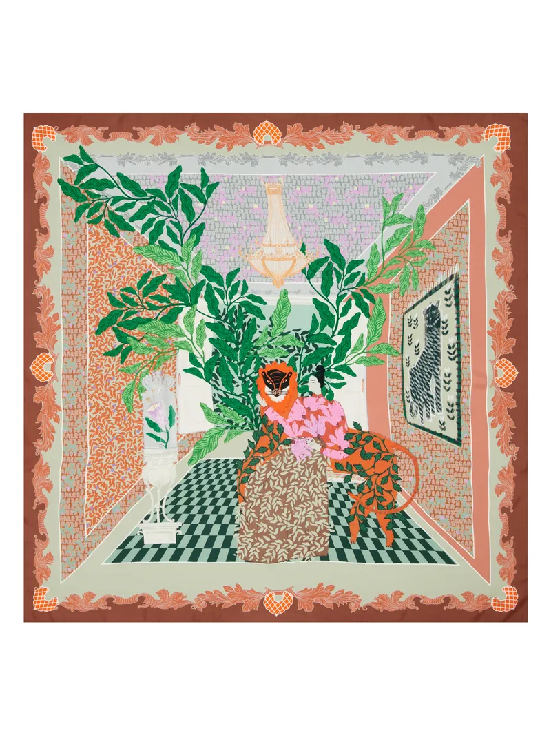 Akhmadullina designer silk scarf with artistic tropical interior print - cats and plants scene
